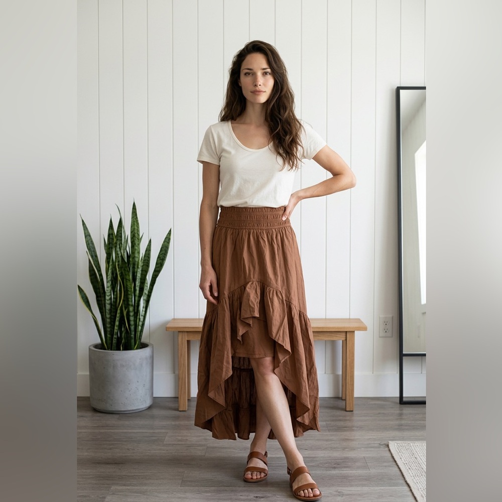 Francesca's Collections Rust High-Low Ruffle Maxi Skirt